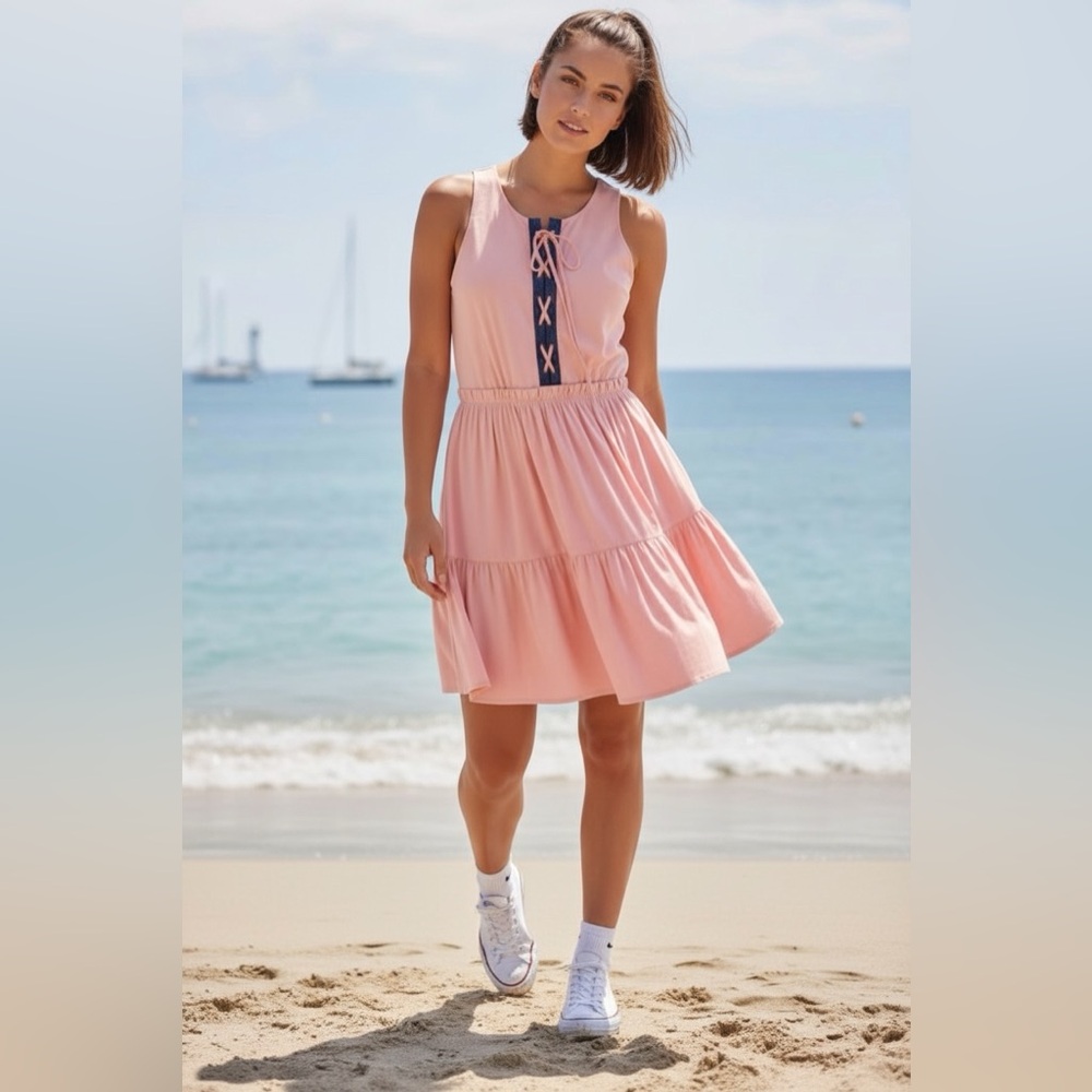 Nautica Jeans Dress Womens Small Pink Sleeveless Tiered Lace Up Casual